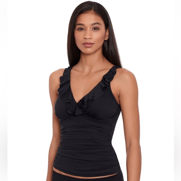 Lauren Ralph Lauren Black Beach Club Solids Ruffle Underwire Tankini Top | NEW🖤 - Picture 1 of 9
